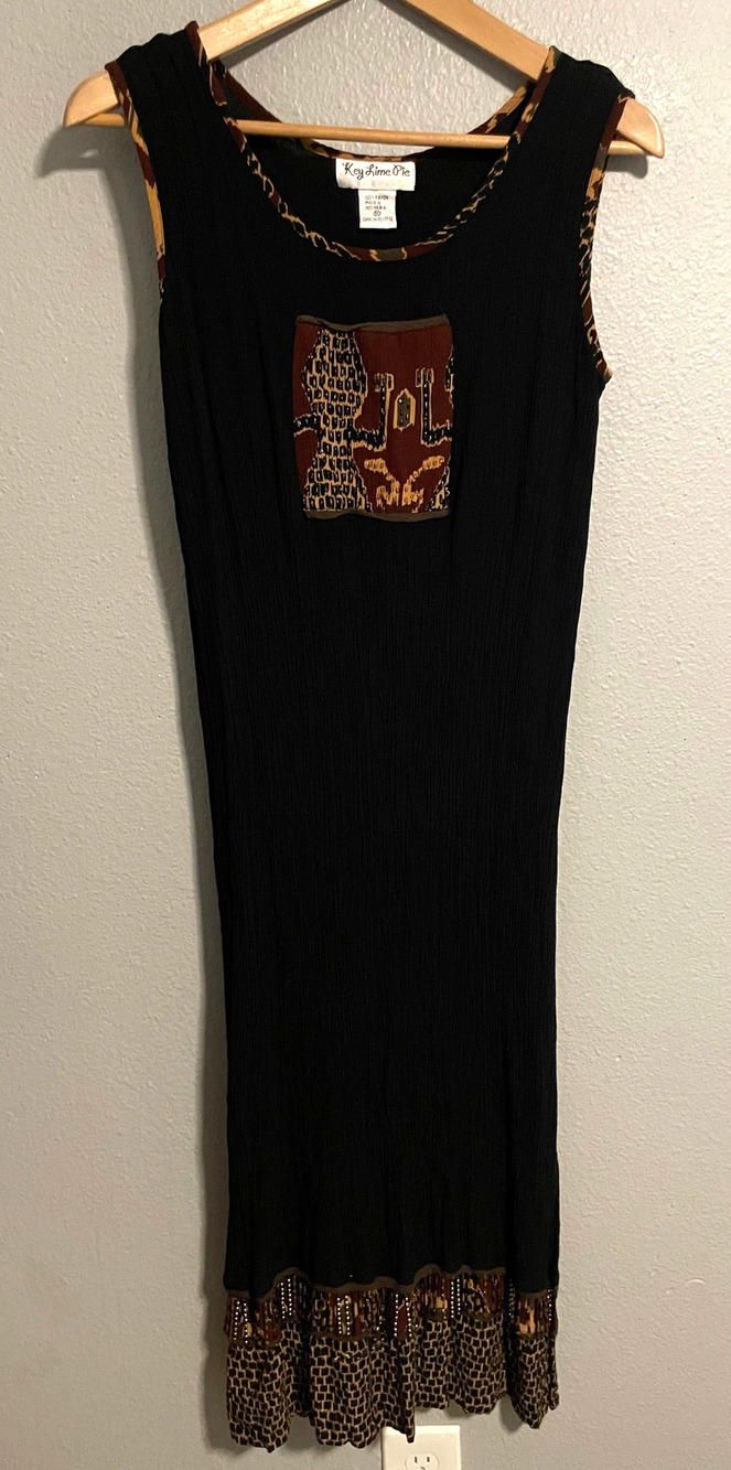 Vintage Key Lime Pie Womens Dress Medium Black Tribal Animal Print Wacky 90s